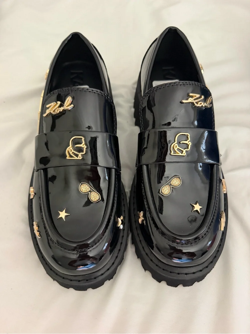 Karl Lagerfeld Paris Gaston Lug Sole Loafer Pin Embellishments Black Women’s 6